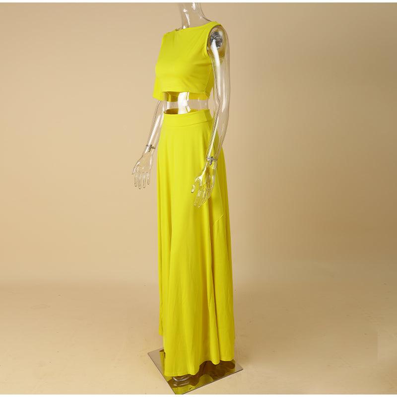 Yellow Two Piece One Short Sleeve Pleated Midi Skirts