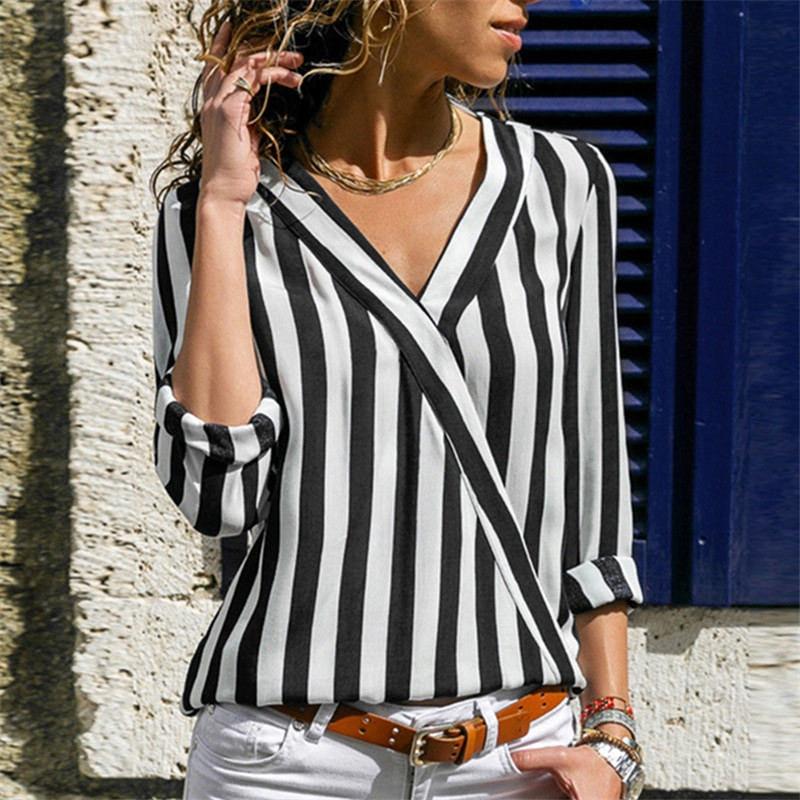 Women's Tops Loose V-neck Striped Long Sleeve Casual Bottom Down Blouse