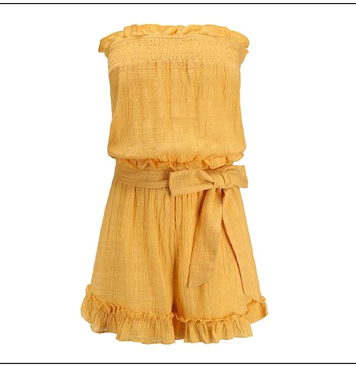 Yellow Elastic Waist Summer Sexy off Shoulder Rompers