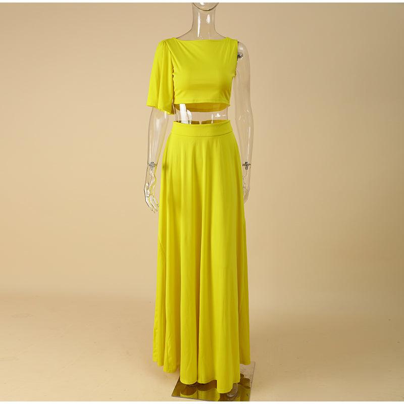 Yellow Two Piece One Short Sleeve Pleated Midi Skirts