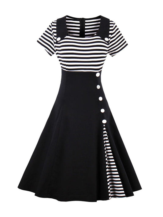 1940s Dress Patchwork Striped Short Sleeve Midi Dress