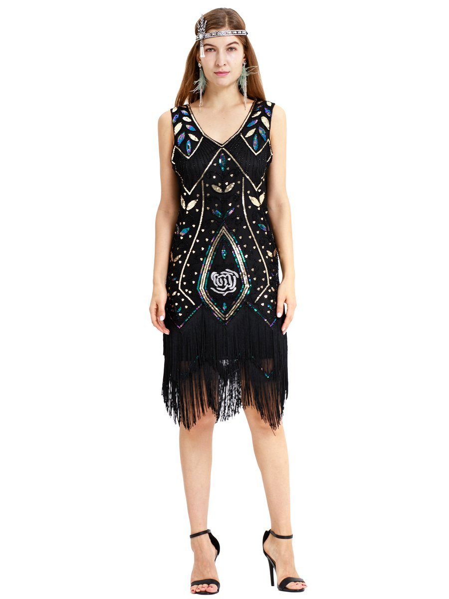 1920s Gatsby Sequined Embellished Fringed Paisley Flapper Dress