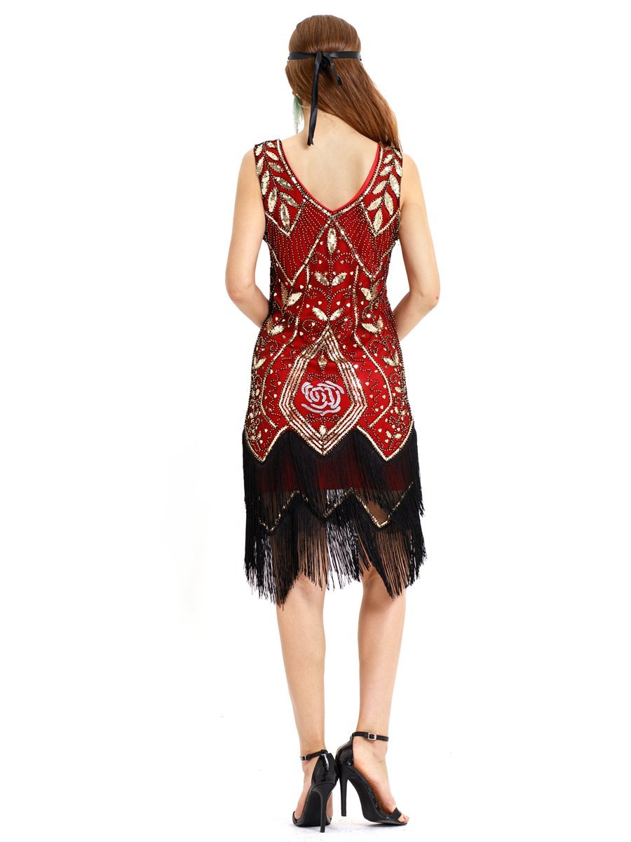 1920s Gatsby Sequined Embellished Fringed Paisley Flapper Dress