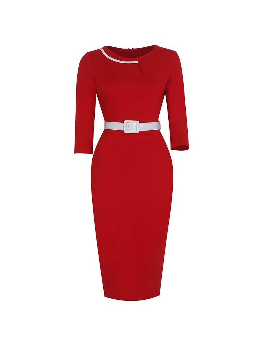 1950s Pencil Dress Crew Neck Slim Midi Dress With Belt Decoration