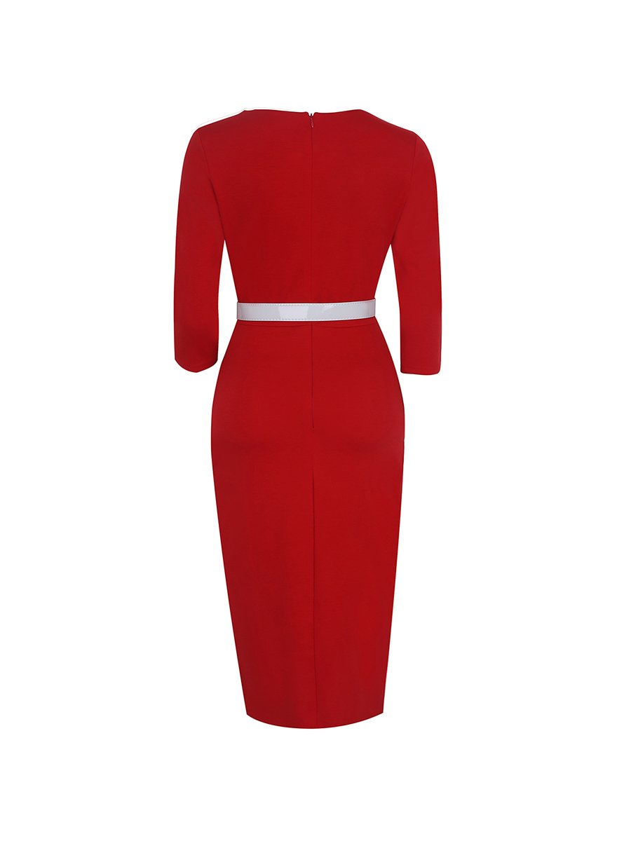 1950s Pencil Dress Crew Neck Slim Midi Dress With Belt Decoration