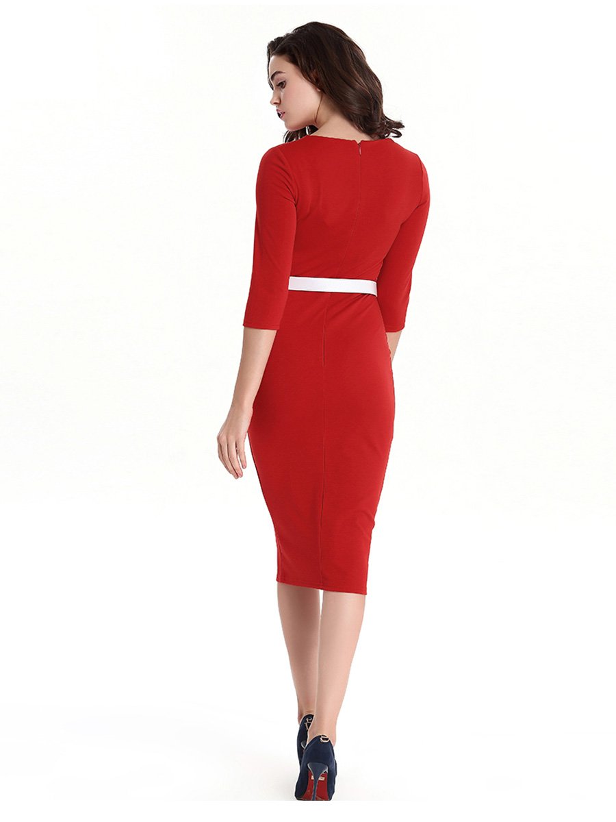 1950s Pencil Dress Crew Neck Slim Midi Dress With Belt Decoration