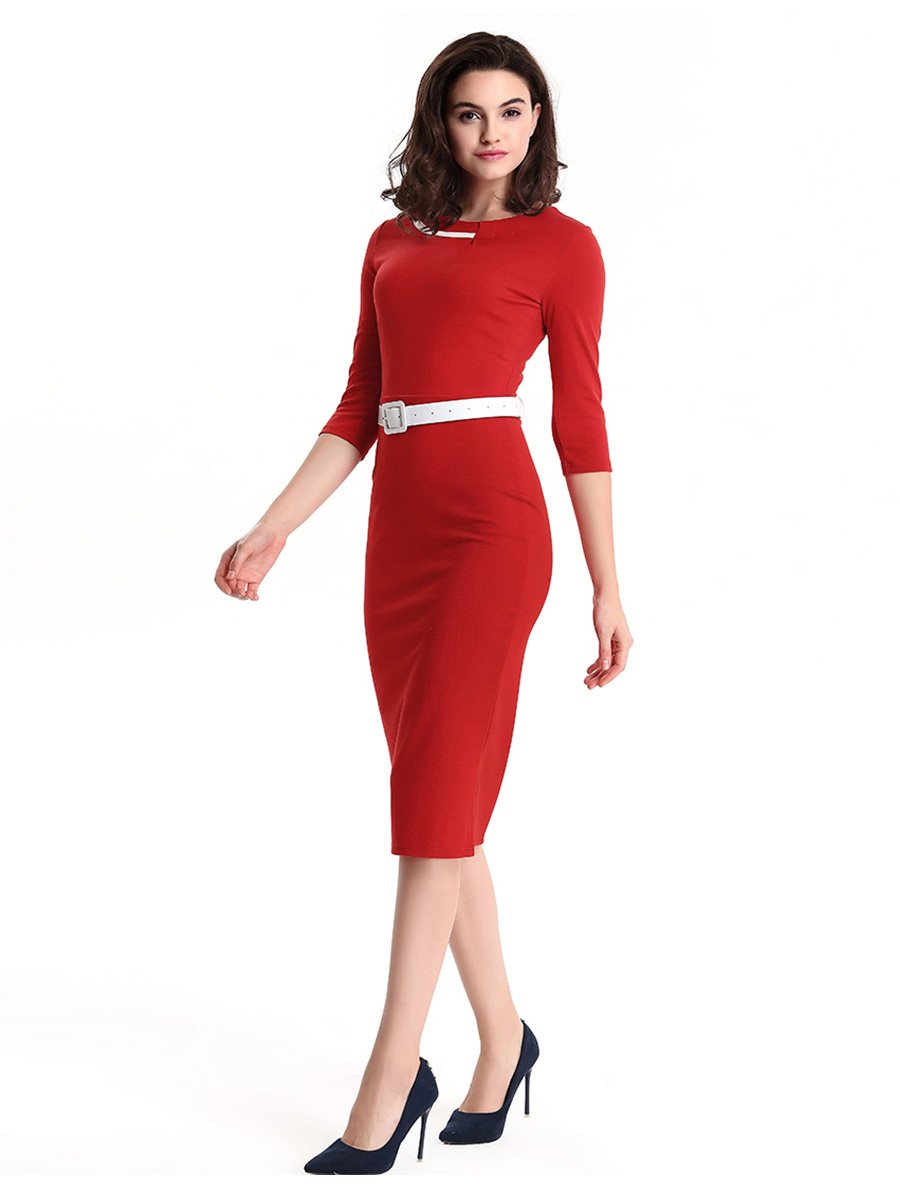 1950s Pencil Dress Crew Neck Slim Midi Dress With Belt Decoration