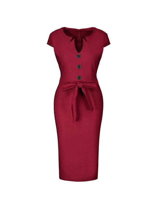 1950s Dress Irregular Collar Button With Belt Pencil Dress