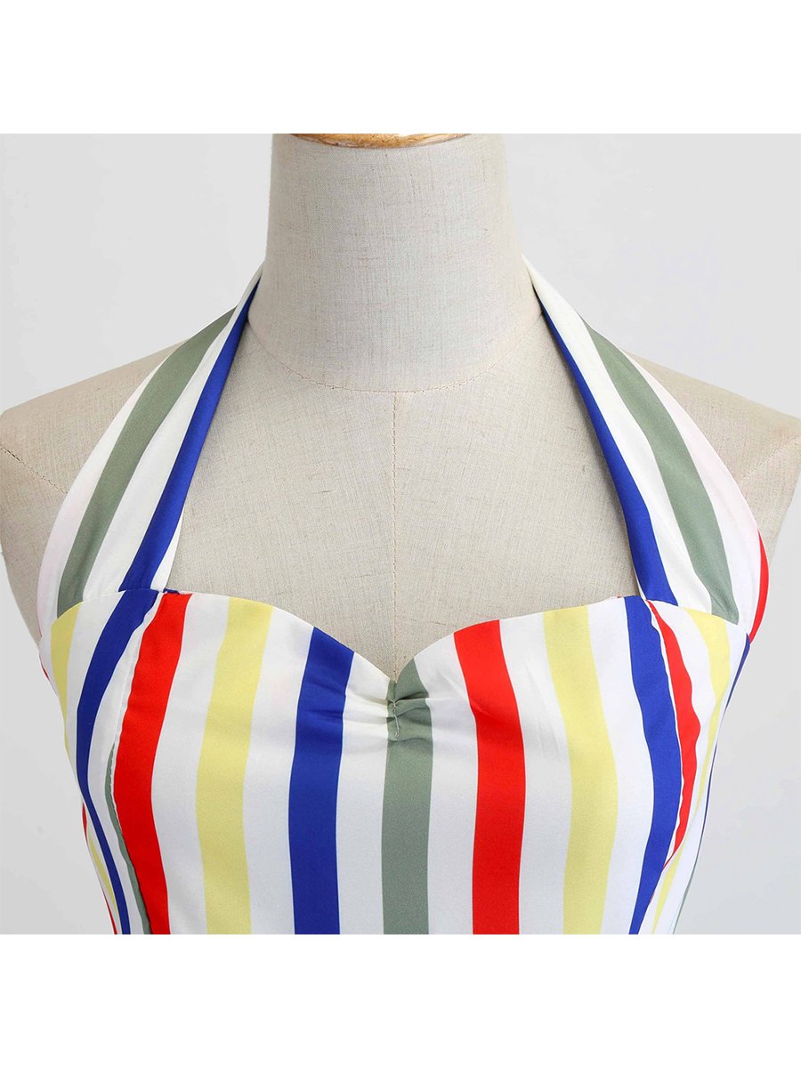 1950s Halter Neck Dress Color Block Striped A-Line Dress