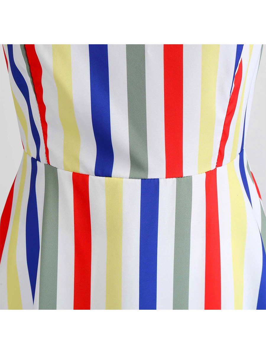 1950s Halter Neck Dress Color Block Striped A-Line Dress