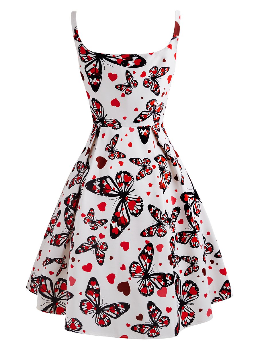 1950s Vintage Slip Dress Square Collar Butterfly Pattern Dress