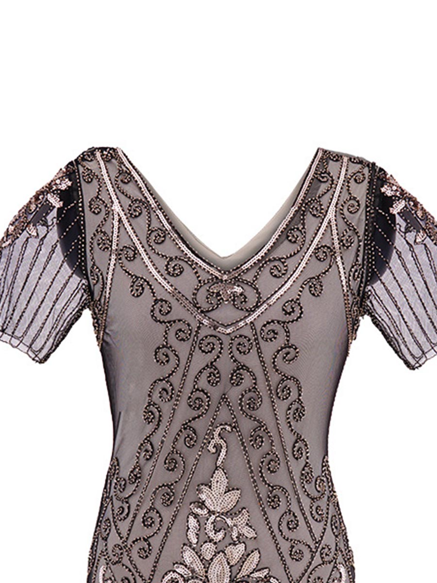 1920s Dress Hand-embroidered Beaded Sequined V-neck Short-sleeved Dress