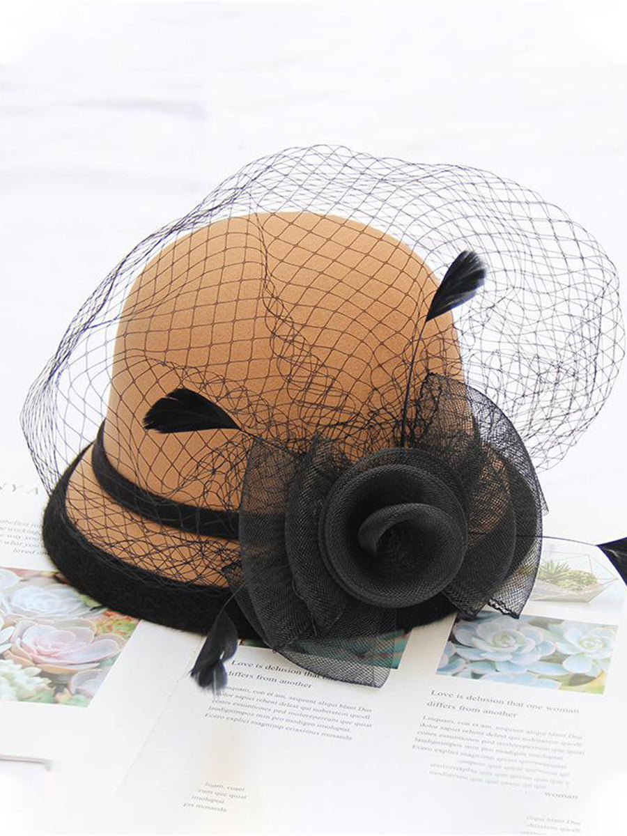 Women's Winter Hats Feather Mesh Flower Retro Wool Top Hat