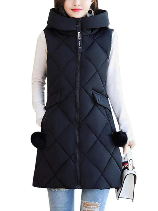 Womens Jacket Coat Zip-Up Sleeveless Long Hooded Waistcoat