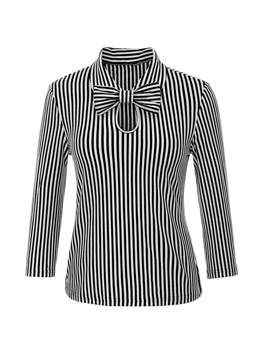 Womens 3/4 Sleeve Vintage Blouse Stretch Stripe Top with Bow Tie