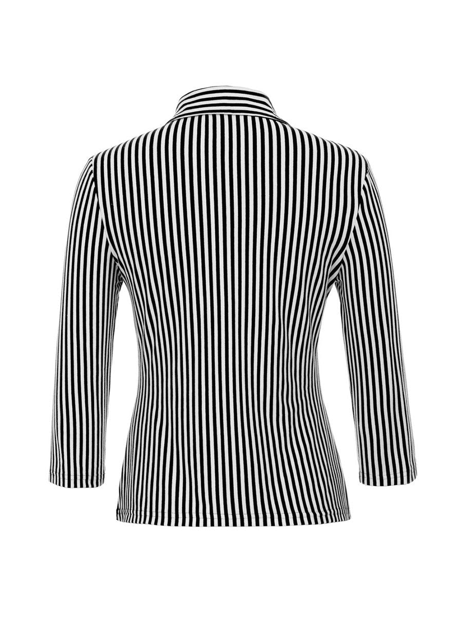 Womens 3/4 Sleeve Vintage Blouse Stretch Stripe Top with Bow Tie