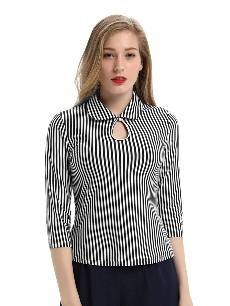 Womens 3/4 Sleeve Vintage Blouse Stretch Stripe Top with Bow Tie