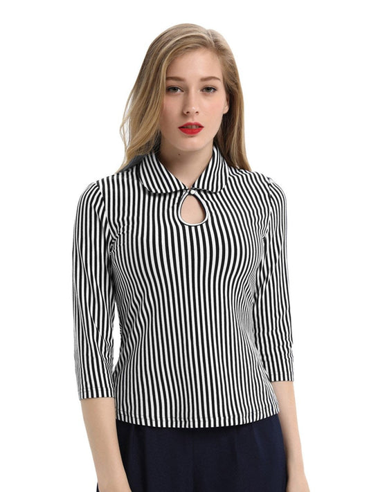 Womens 3/4 Sleeve Vintage Blouse Stretch Stripe Top with Bow Tie