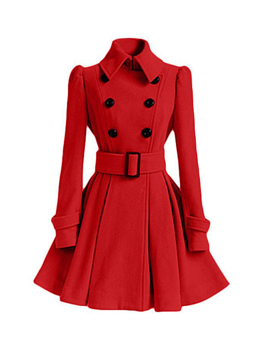 Women's Wool Coat Double Breasted with Belt Swing Coat Dress