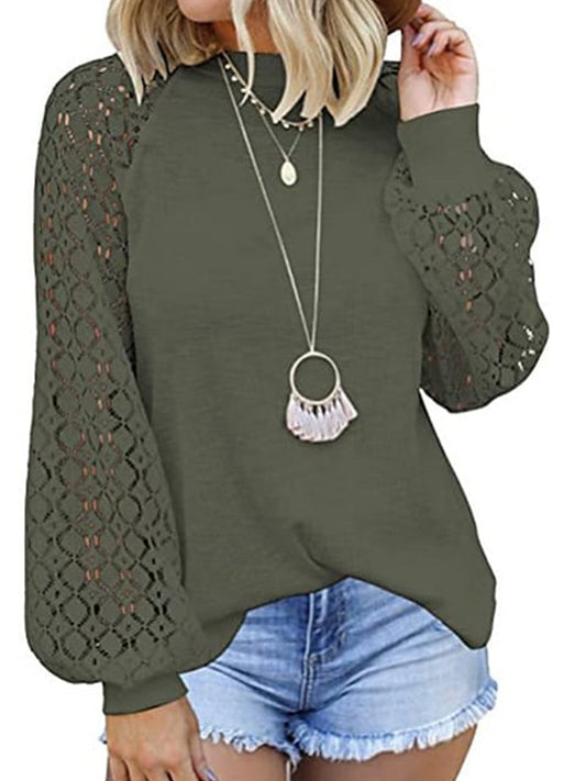 Women's Sweatshirts Round Neck Long Sleeve Lace Stitching Sleeve Loose Top