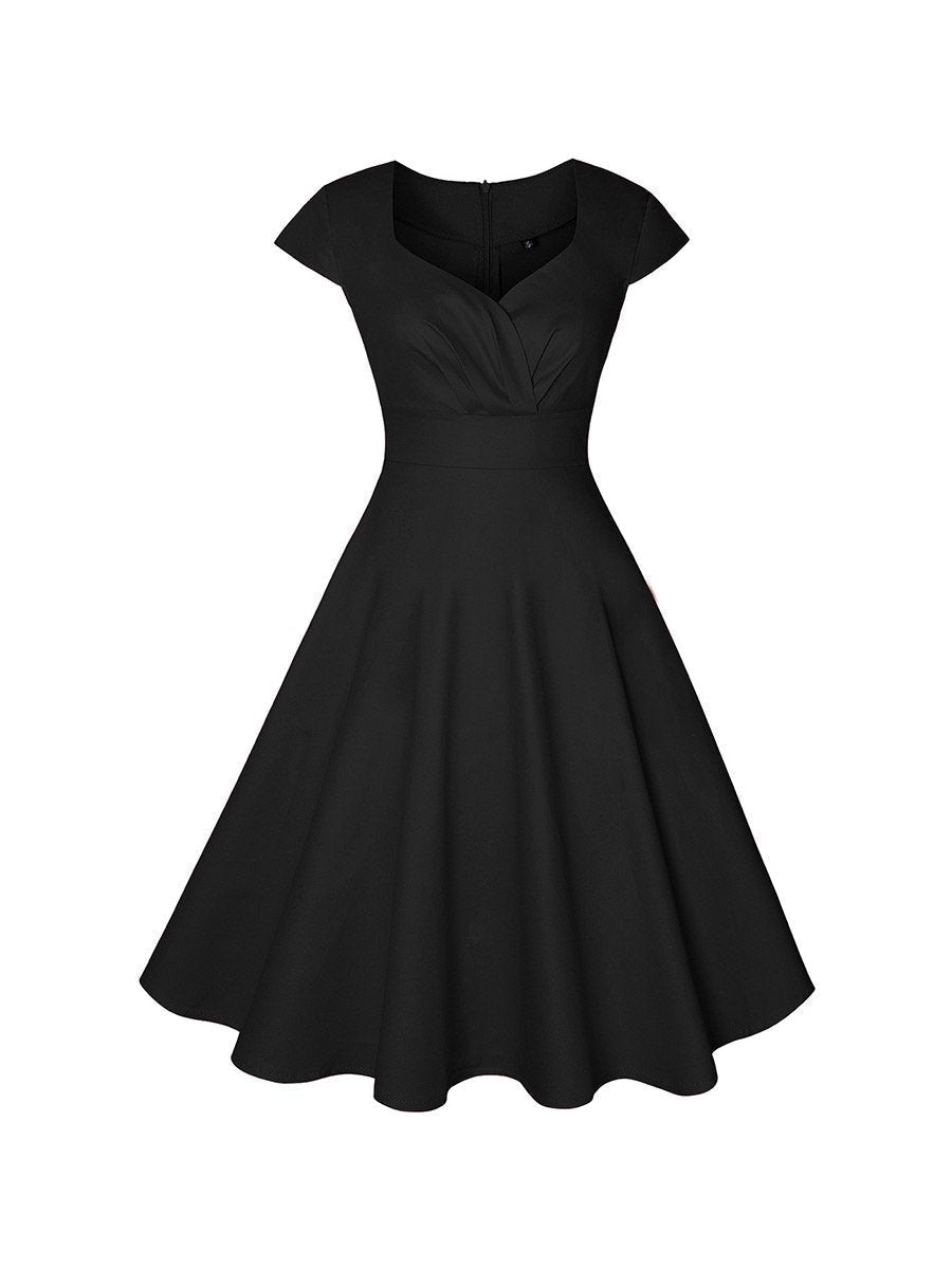 1950s Dress V-Neck Solid Color Tie Waist Elegant Pleated Swing Dresses