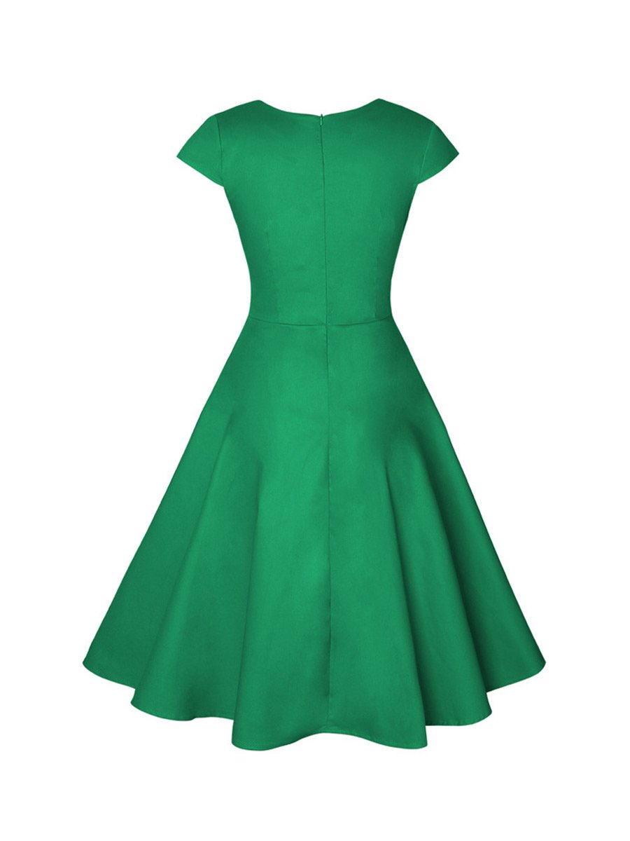 1950s Dress V-Neck Solid Color Tie Waist Elegant Pleated Swing Dresses