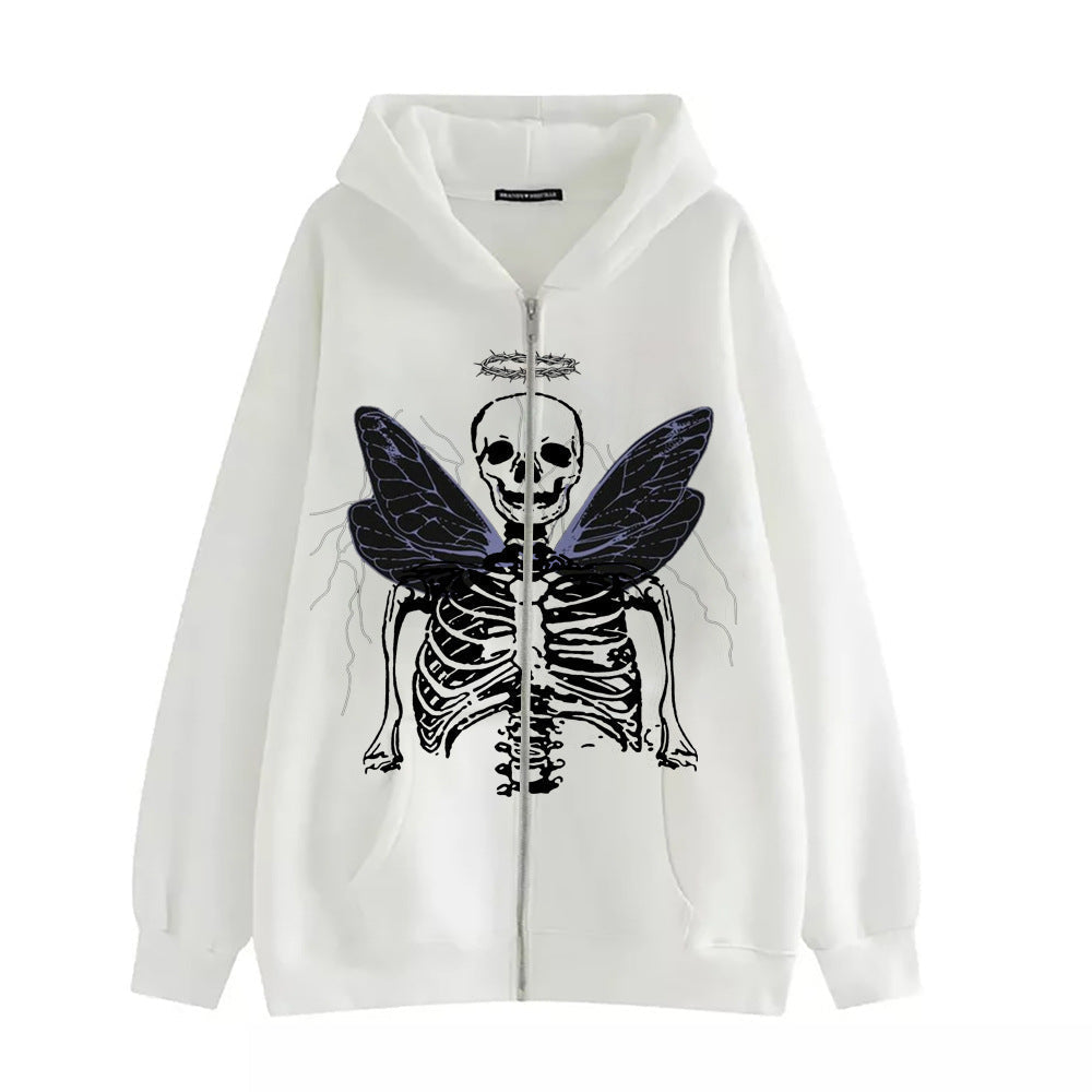 Women's Sweatshirts Y2K Zipper Skull Butterfly Print Fleece Plus Size Hoodies