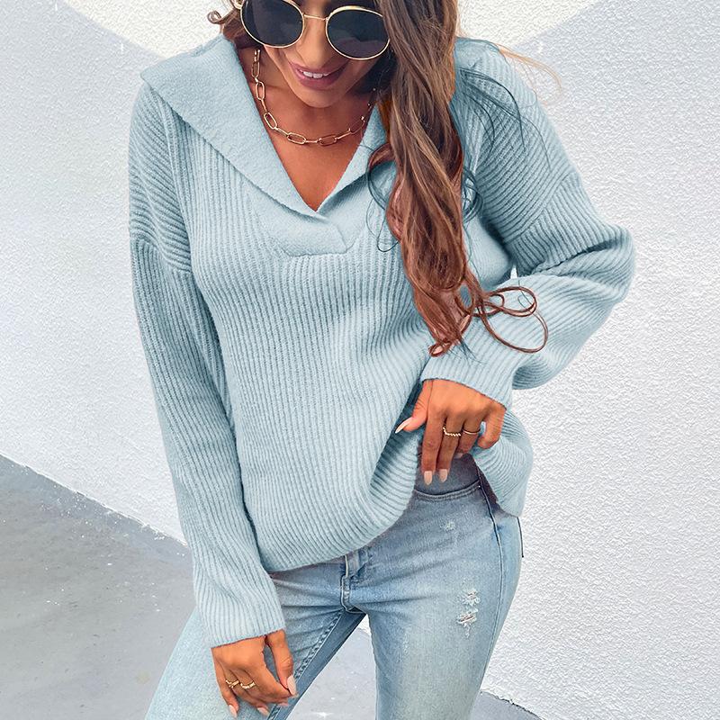 Women's Sweaters Suit Collar Long Sleeve Loose Pullover Knitted Sweater