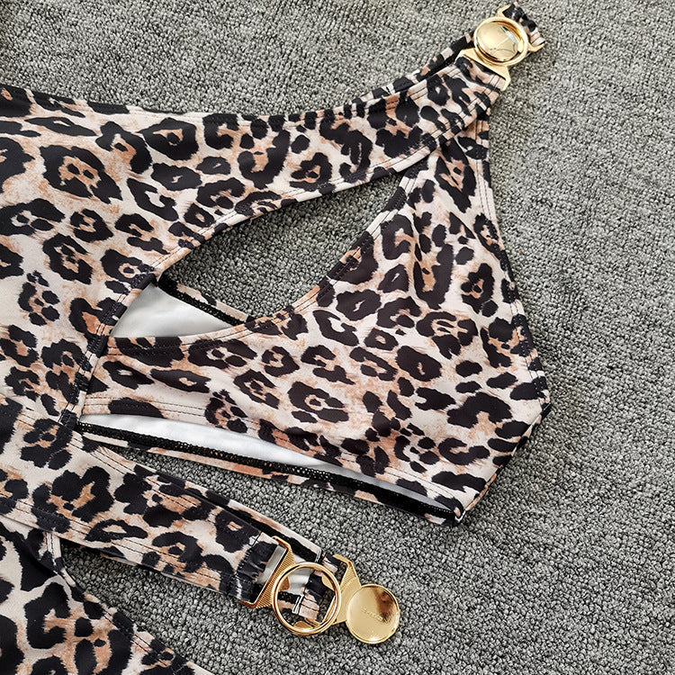 Women's Swimsuit Leopard Print Belt Buckle Hollow One Piece Bikini