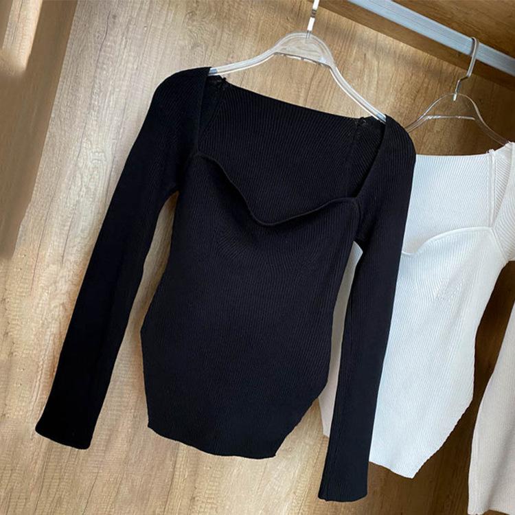 Women's Sweaters Square Collar Long Sleeve Slim Fit Knitted Pullover