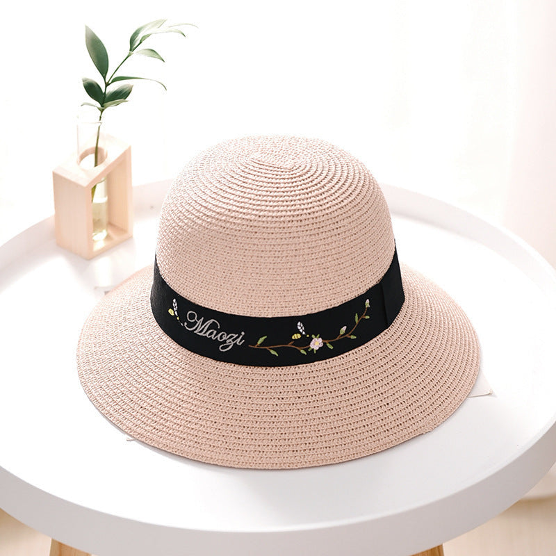 Women's Sun Hat Embroidered Pattern UV Protection Dome Straw Hat