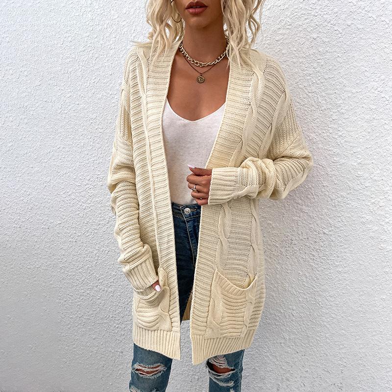 Women's Sweater Coats Knit Twisted Rope Pockets Mid-length Open Front Cardigans