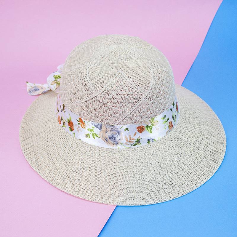 Women's Straw Hat Lace Flower Ribbon Large Brim UV Protection Sun Hat