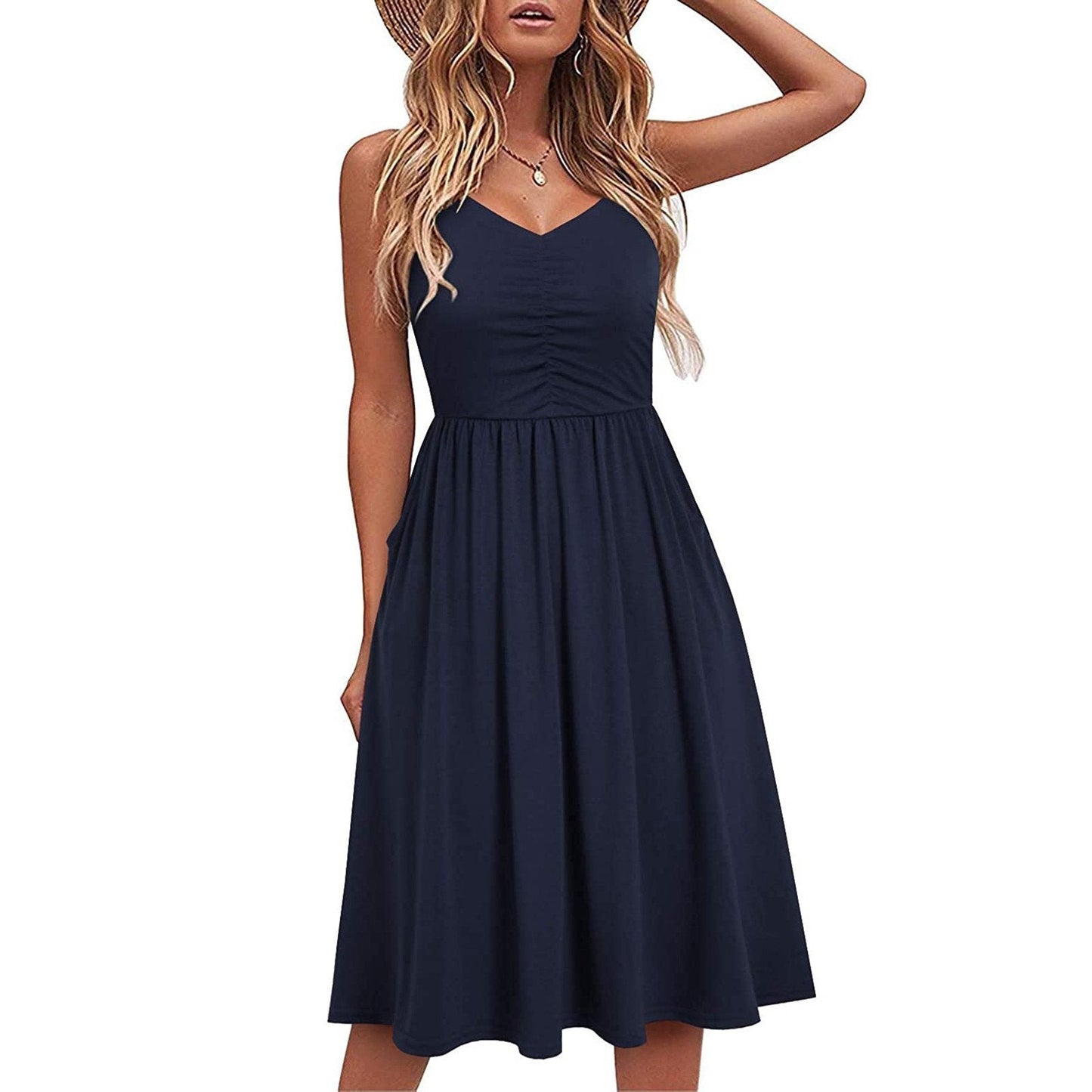 Women's Spaghetti Strap Dress Floral Pleated Tie Waist Backless Swing Dresses