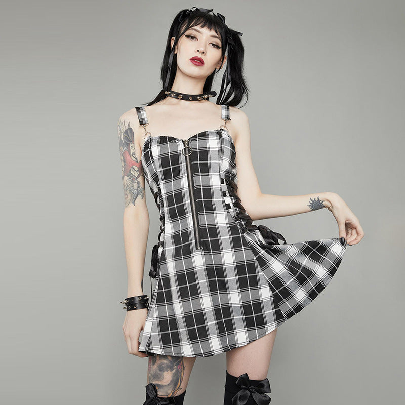 Women's Suspender Dress Square Neck Sleeveless Plaid Drawstring Zip Swing Dress