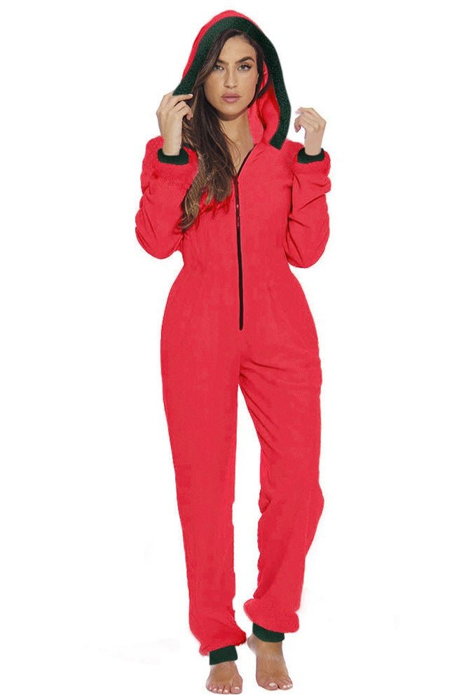 Womens Zipper Santa Onesie With Hood Red