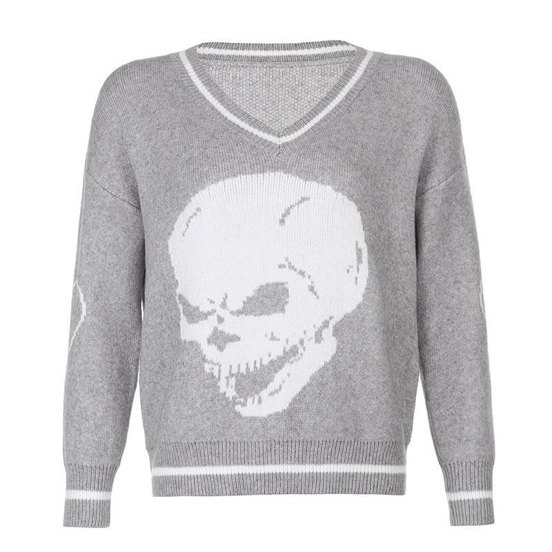 Women's Sweaters Skull Knit V Neck Casual Short Pullover Sweater