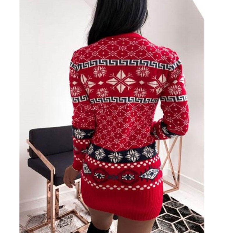 Women's Sweater Dresses Christmas Printed Long Sleeve Bodycon Knitted Sweater