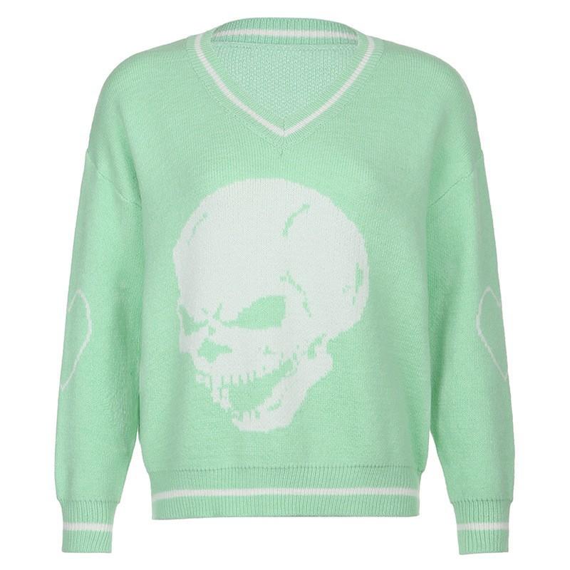 Women's Sweaters Skull Knit V Neck Casual Short Pullover Sweater