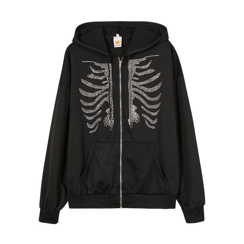 Y2k Oversized Jacket Coat Rhinestone Skeleton Print Zip Up Hoodie