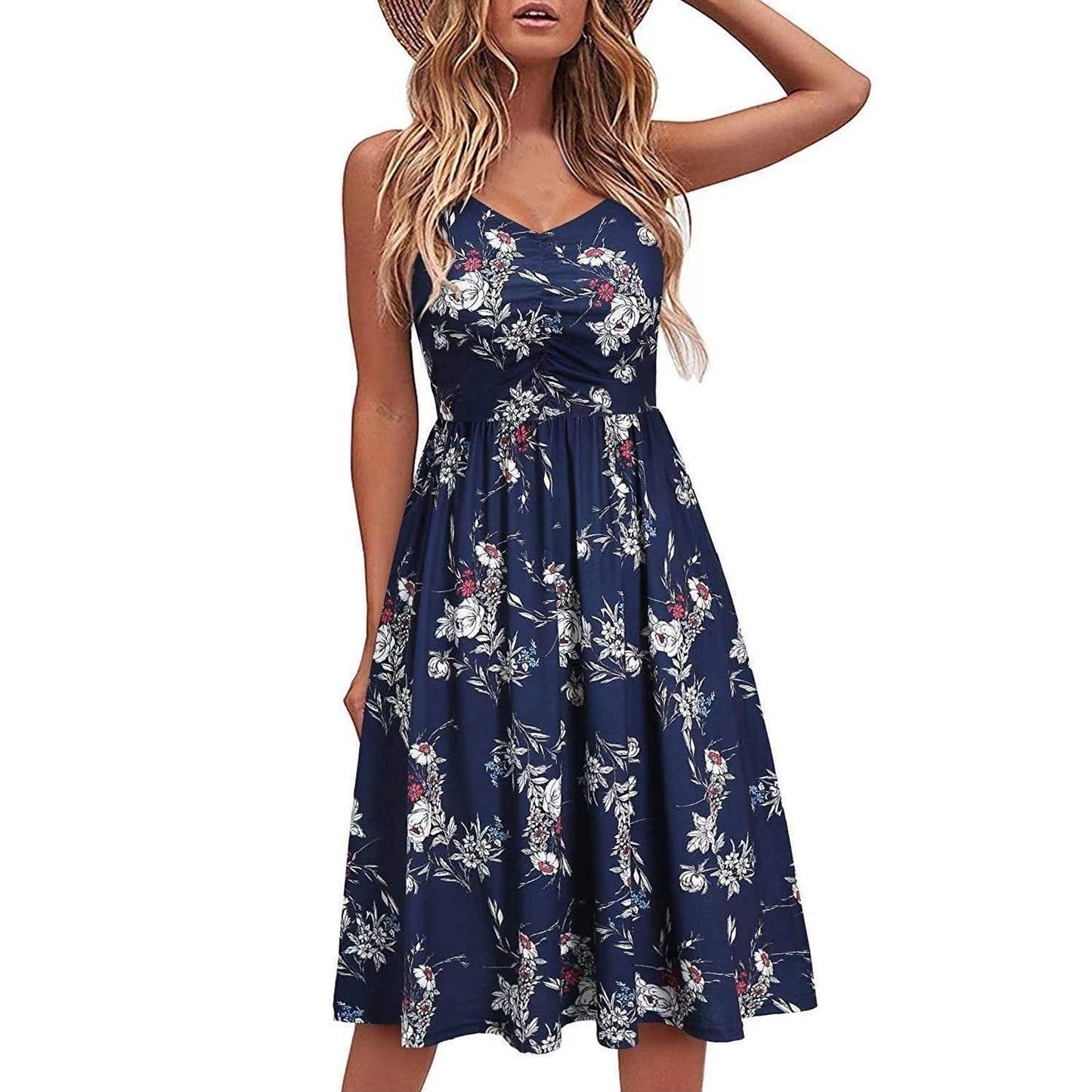 Women's Spaghetti Strap Dress Floral Pleated Tie Waist Backless Swing Dresses