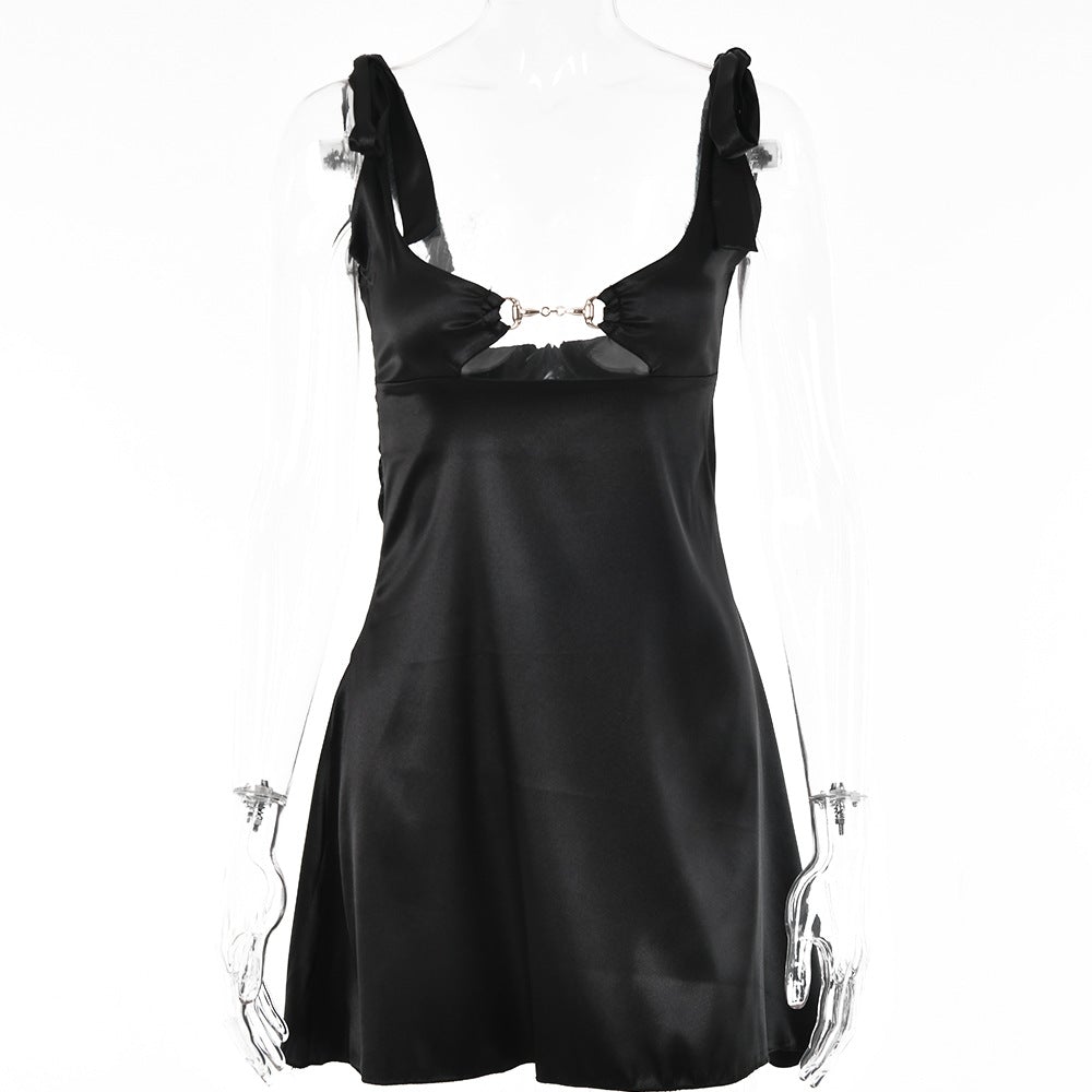 Y2k Fashion Satin Dress Spaghetti Strap Hollow Out Mini Ruffle Dress