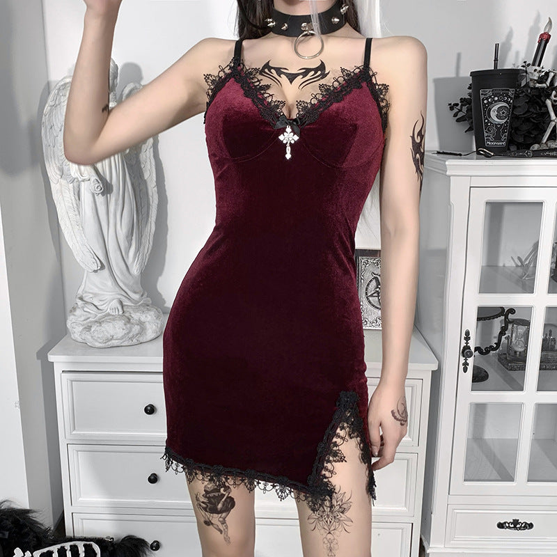 Women's Spaghetti Strap Dress Backless V-Neck Lace Velvet Split Bodycon Dress