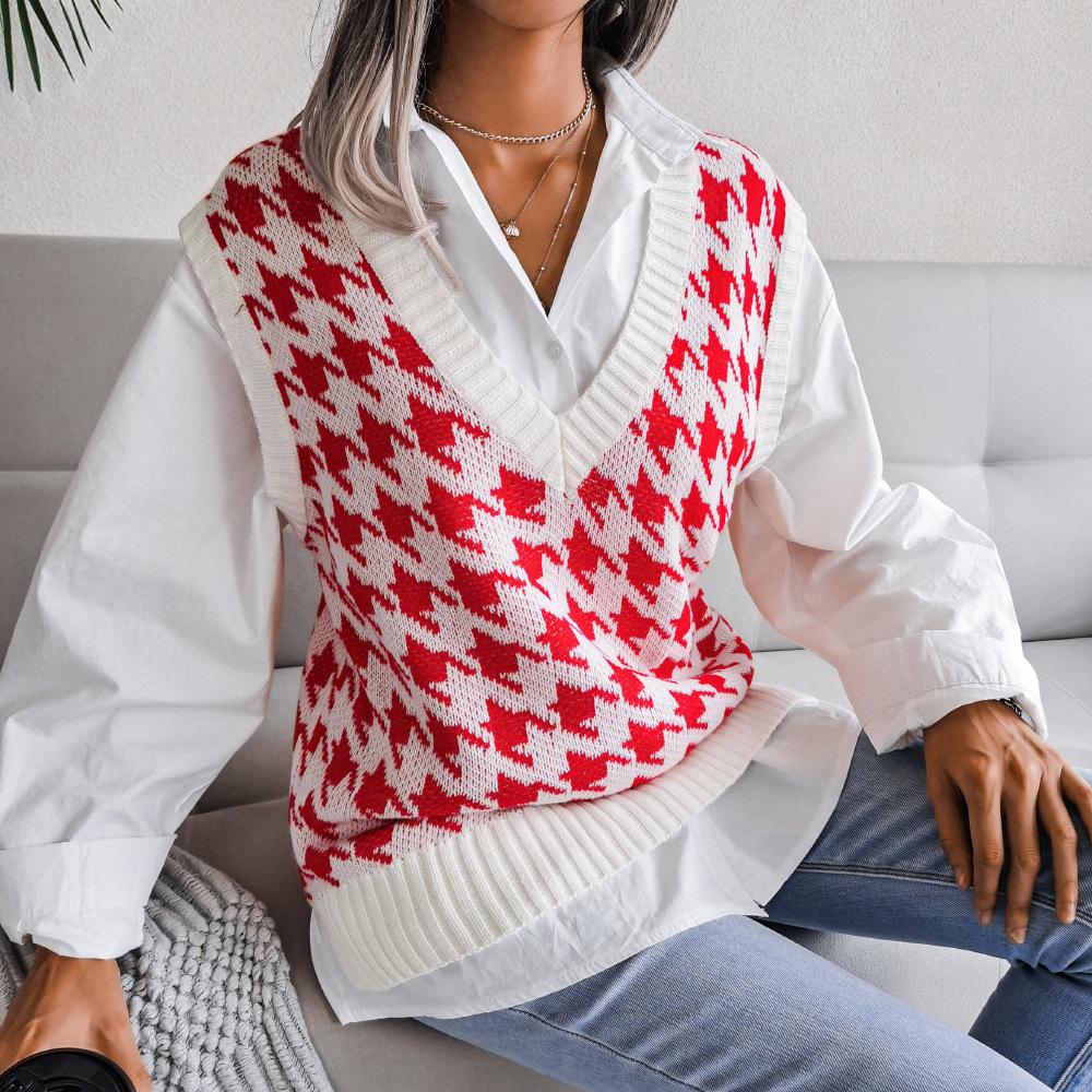 Women's Sweater Vest V-neck Houndstooth Casual Loose Pullover Knit Tops