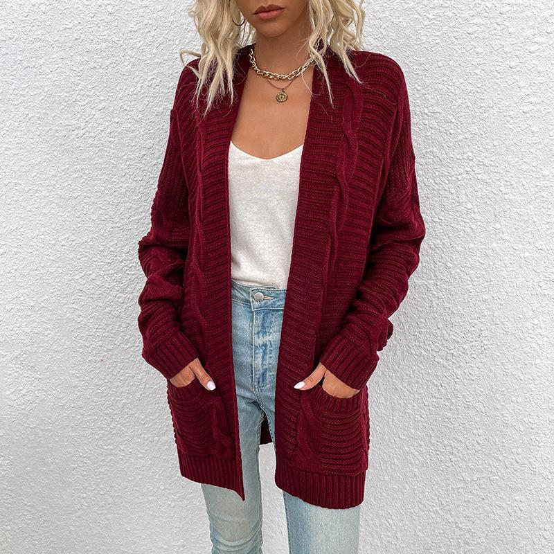 Women's Sweater Coats Knit Twisted Rope Pockets Mid-length Open Front Cardigans