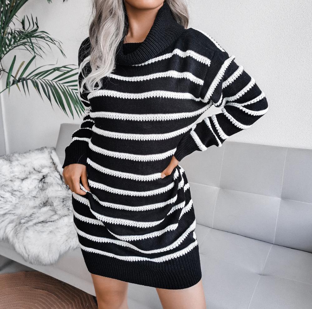 Women's Sweater Dress Casual High Neck Striped Knitted Sweater Dresses