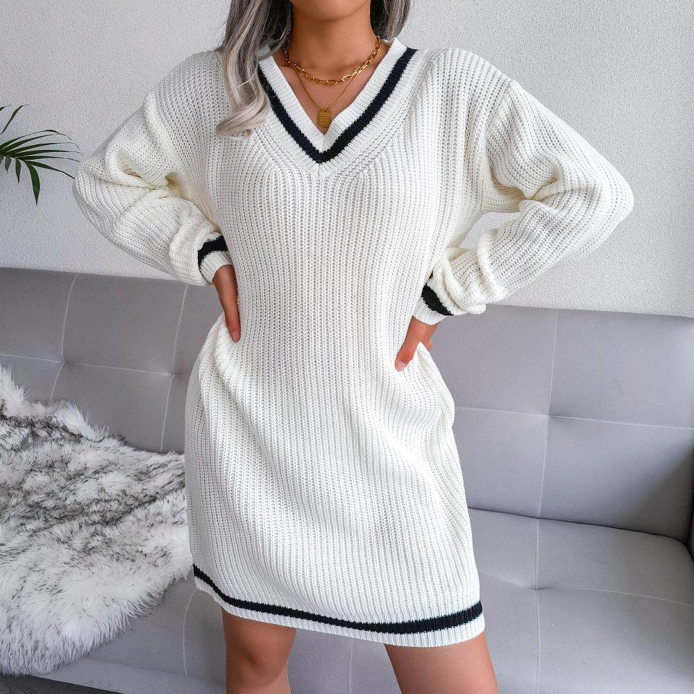 Women's Sweater Dress V-neck Long Sleeve Knitted Casual Midi Dress