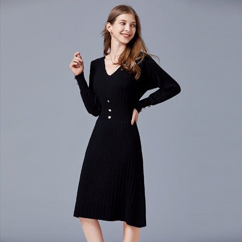 Women's Sweater Dress V-neck Long Sleeve A-line Midi Knitted Dresses