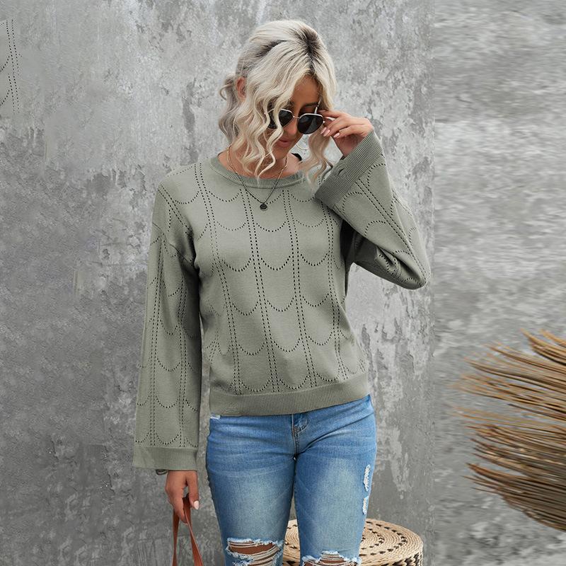 Women's Sweaters Solid Color Loose Pullover Flared Sleeves Knitted Sweater