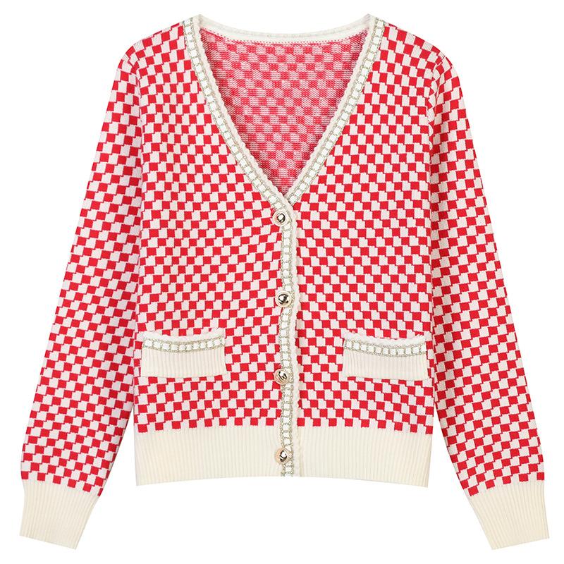 Women's Sweaters V-neck Long Sleeve Checkerboard Pocket Loose Knitted Cardigans